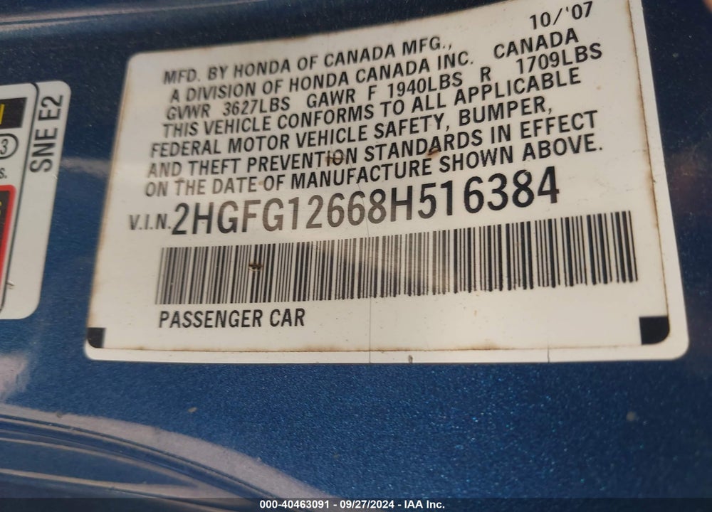2008 HONDA CIVIC LX VIN: 2HGFG12668H516384