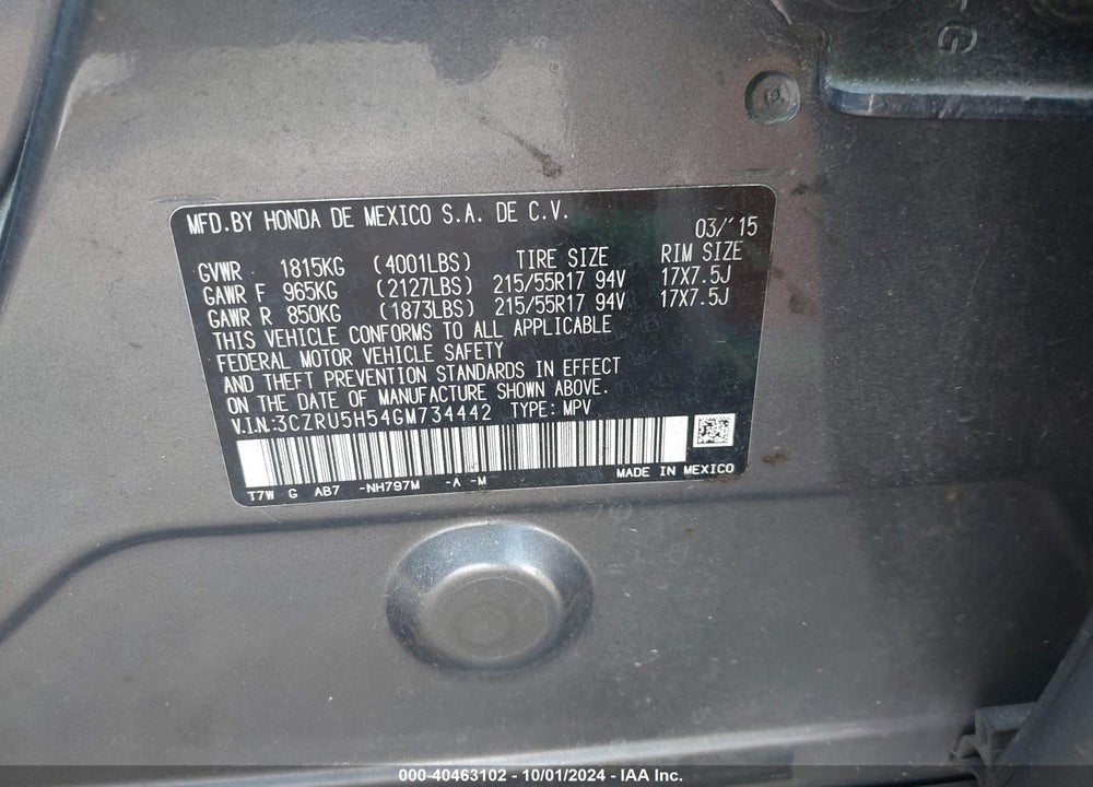 2016 HONDA HR-V EX VIN: 3CZRU5H54GM734442