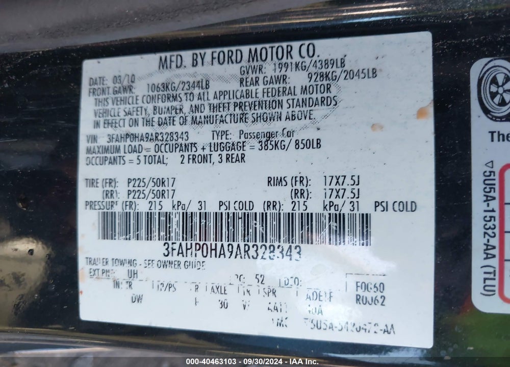 2010 FORD FUSION SE VIN: 3FAHP0HA9AR328343