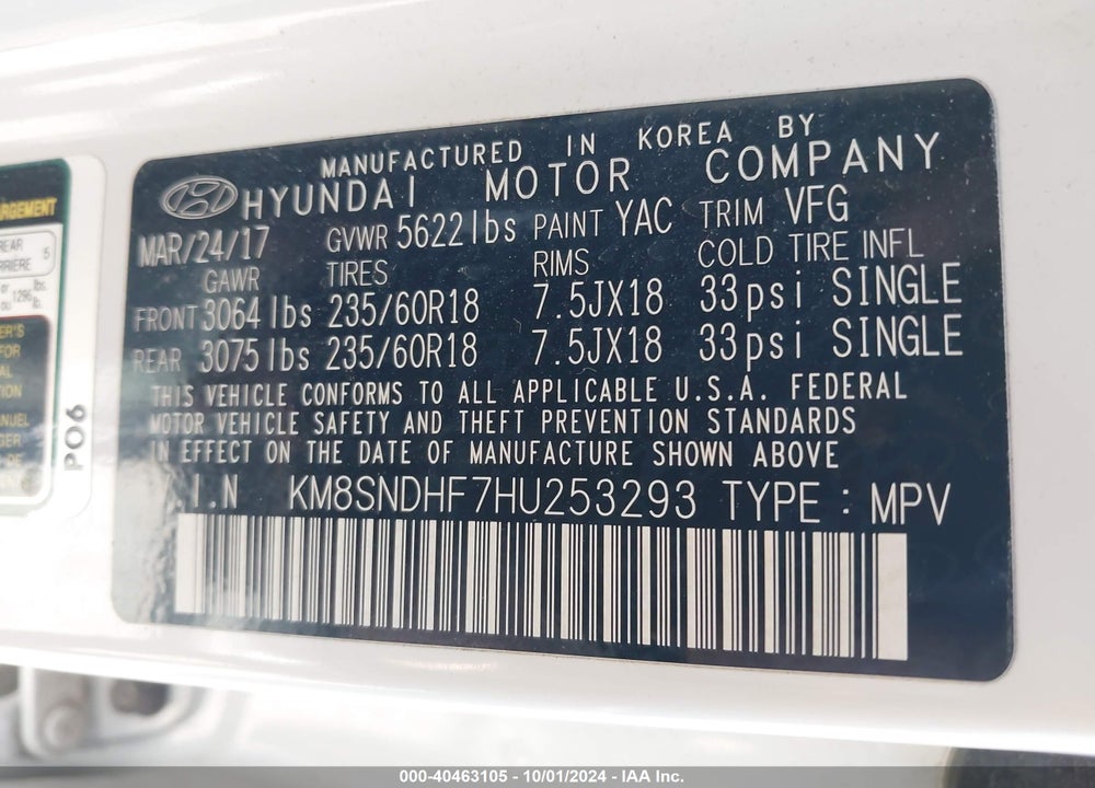2017 HYUNDAI SANTA FE SE VIN: KM8SNDHF7HU253293