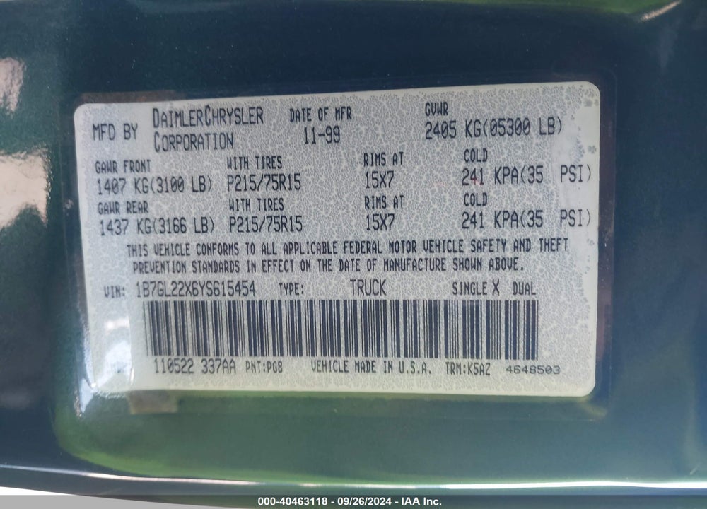 2000 DODGE DAKOTA SLT/SPORT VIN: 1B7GL22X6YS615454