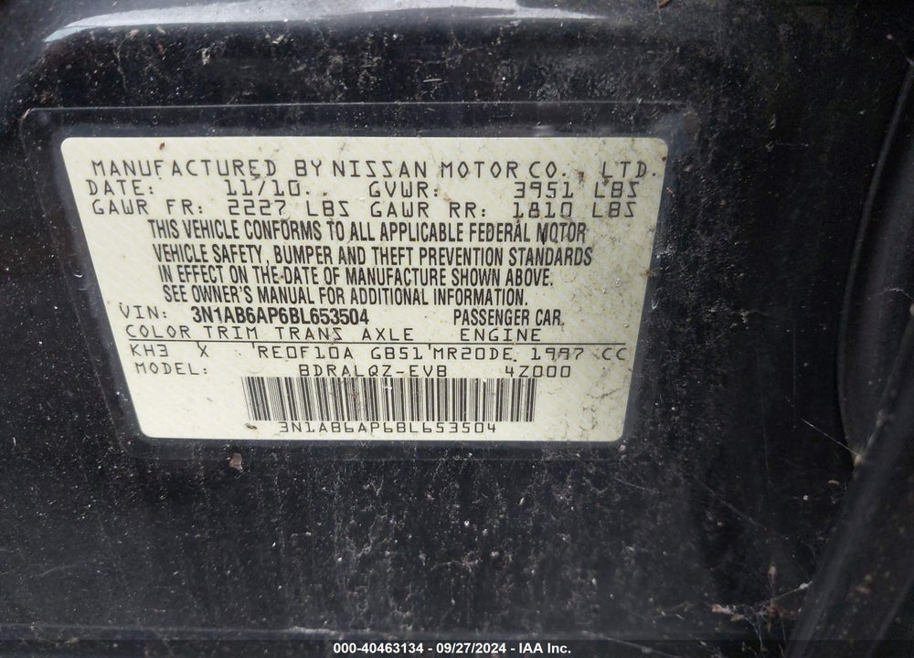 2011 NISSAN SENTRA 2.0 VIN: 3N1AB6AP6BL653504