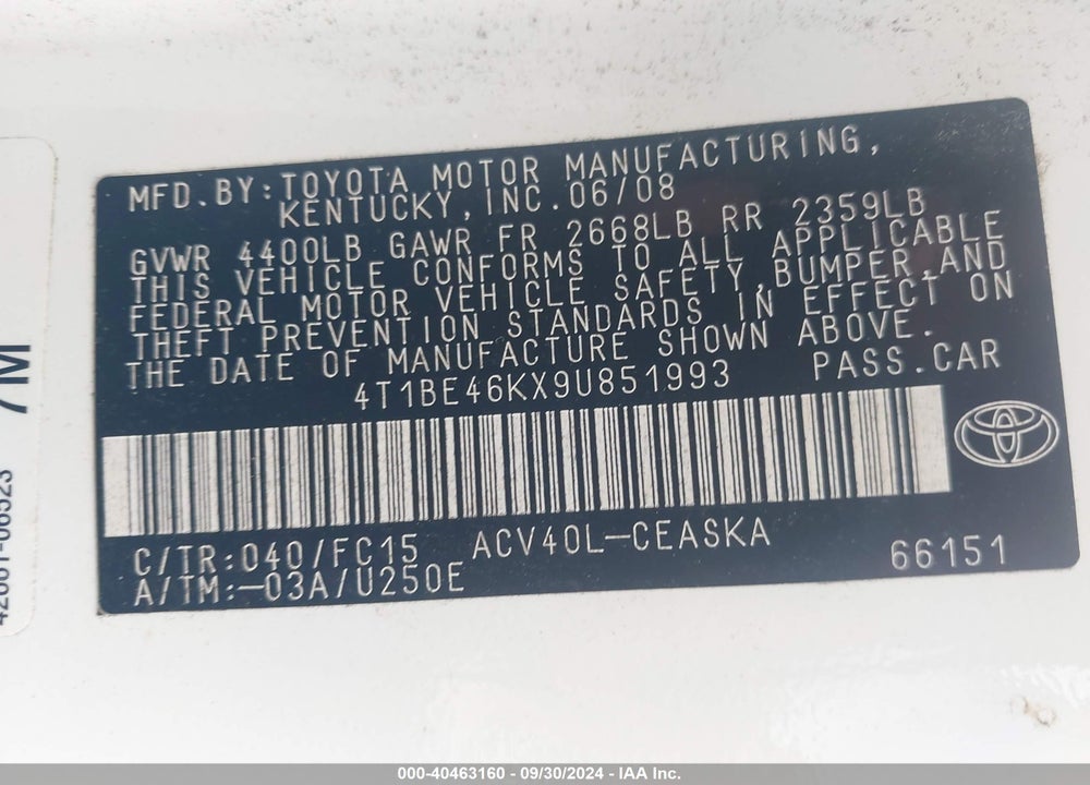 2009 TOYOTA CAMRY SE VIN: 4T1BE46KX9U851993