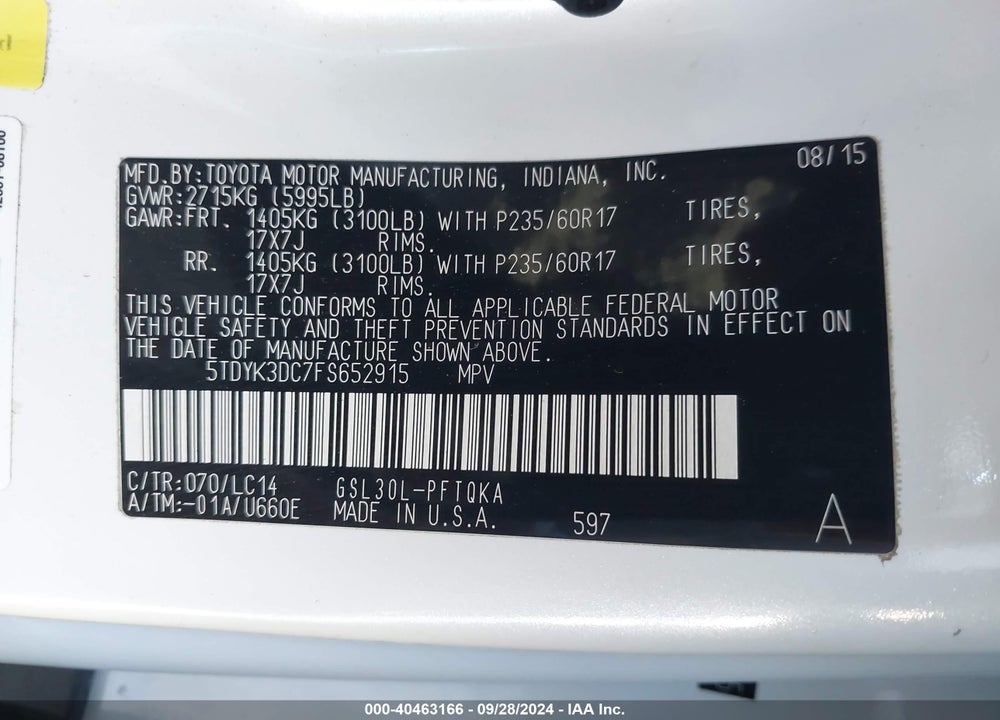 2015 TOYOTA SIENNA XLE LIMITED VIN: 5TDYK3DC7FS652915