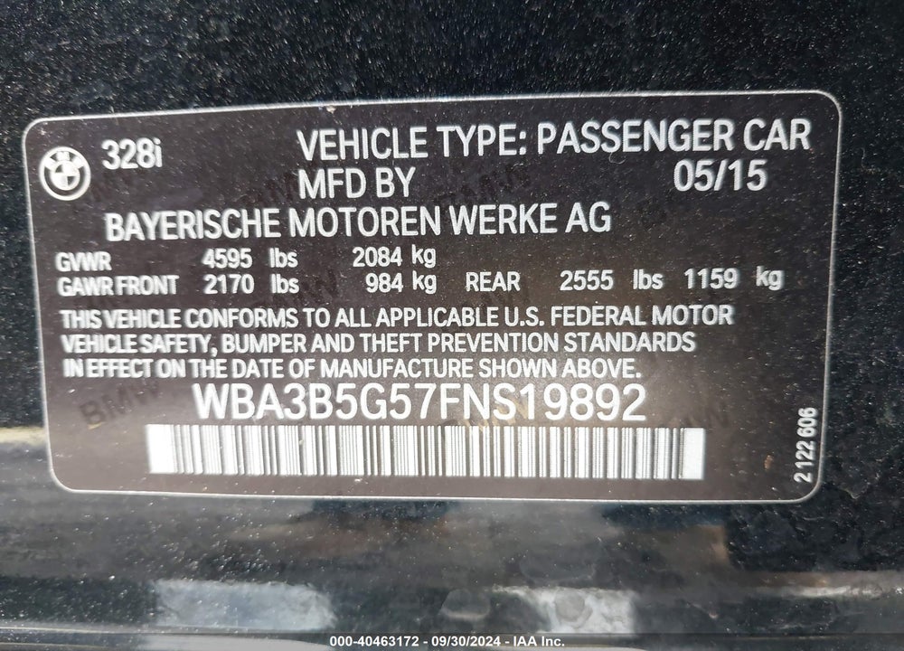 2015 BMW 328I VIN: WBA3B5G57FNS19892