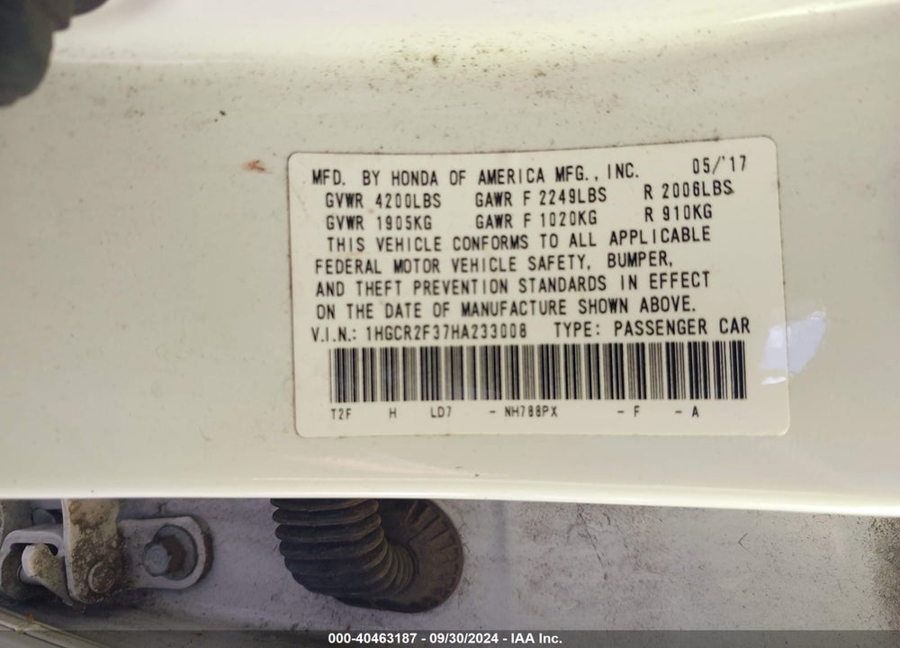 2017 HONDA ACCORD LX VIN: 1HGCR2F37HA233008