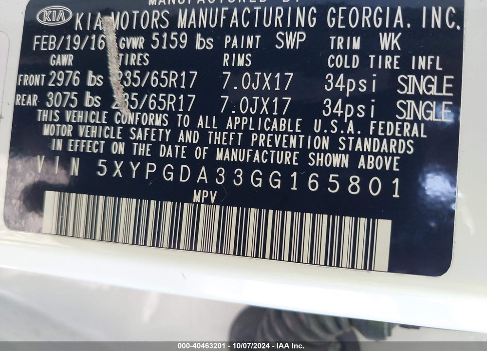 2016 KIA SORENTO 2.4L LX VIN: 5XYPGDA33GG165801