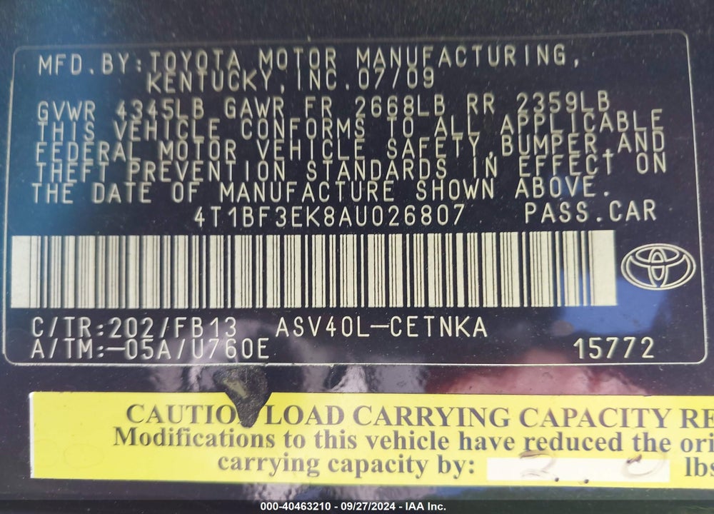 2010 TOYOTA CAMRY BASE (RETAIL ORDERS ONLY) (A5) VIN: 4T1BF3EK8AU026807