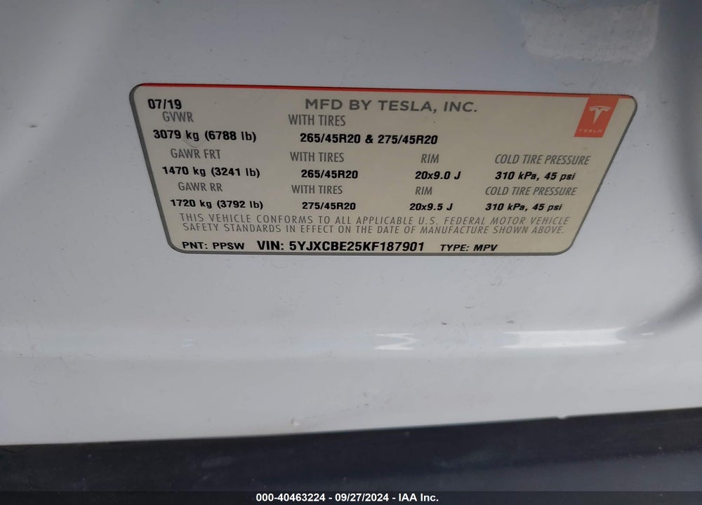 2019 TESLA MODEL X 100D/75D/LONG RANGE VIN: 5YJXCBE25KF187901