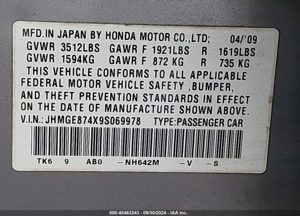 2009 HONDA FIT VIN: JHMGE874X9S069978