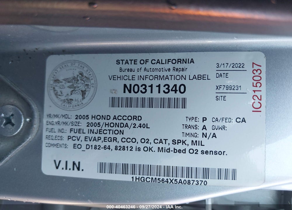 2005 HONDA ACCORD 2.4 LX VIN: 1HGCM564X5A087370