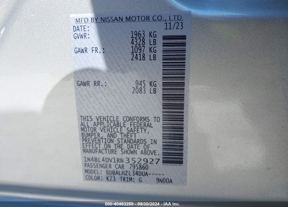 2024 NISSAN ALTIMA SV FWD VIN: 1N4BL4DV1RN352927