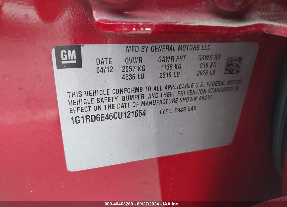 2012 CHEVROLET VOLT VIN: 1G1RD6E46CU121664