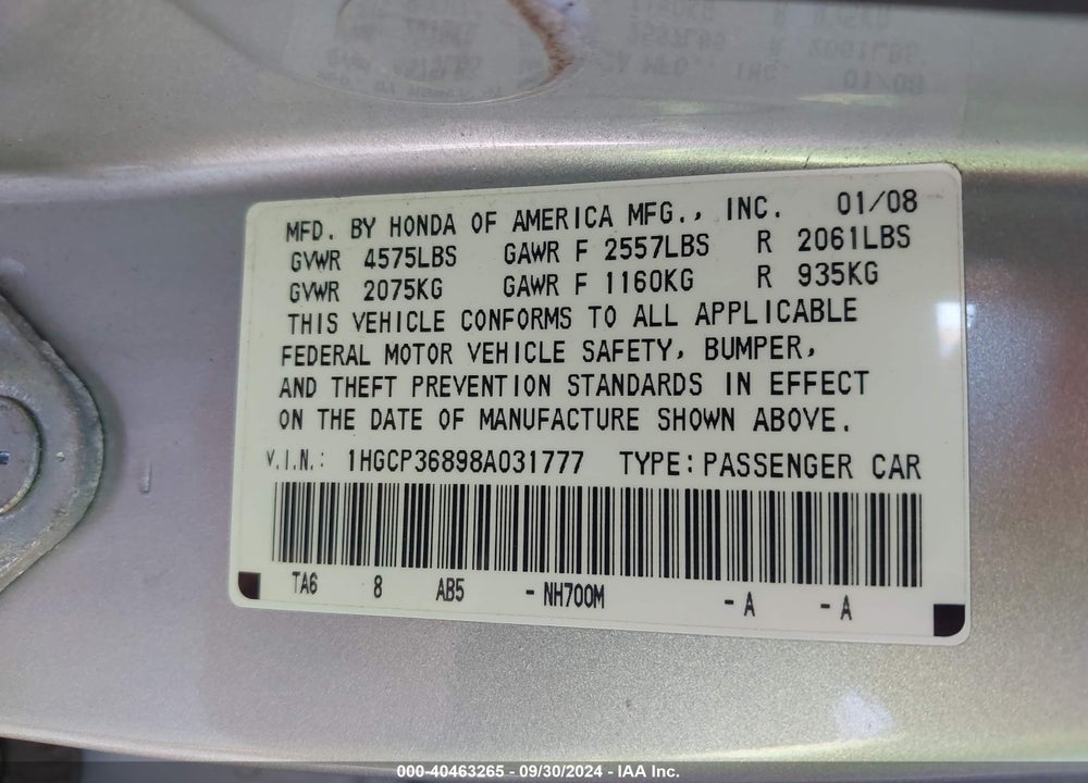 2008 HONDA ACCORD 3.5 EX-L VIN: 1HGCP36898A031777