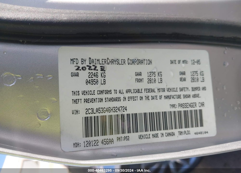 2006 CHRYSLER 300 TOURING VIN: 2C3LA53G46H324724