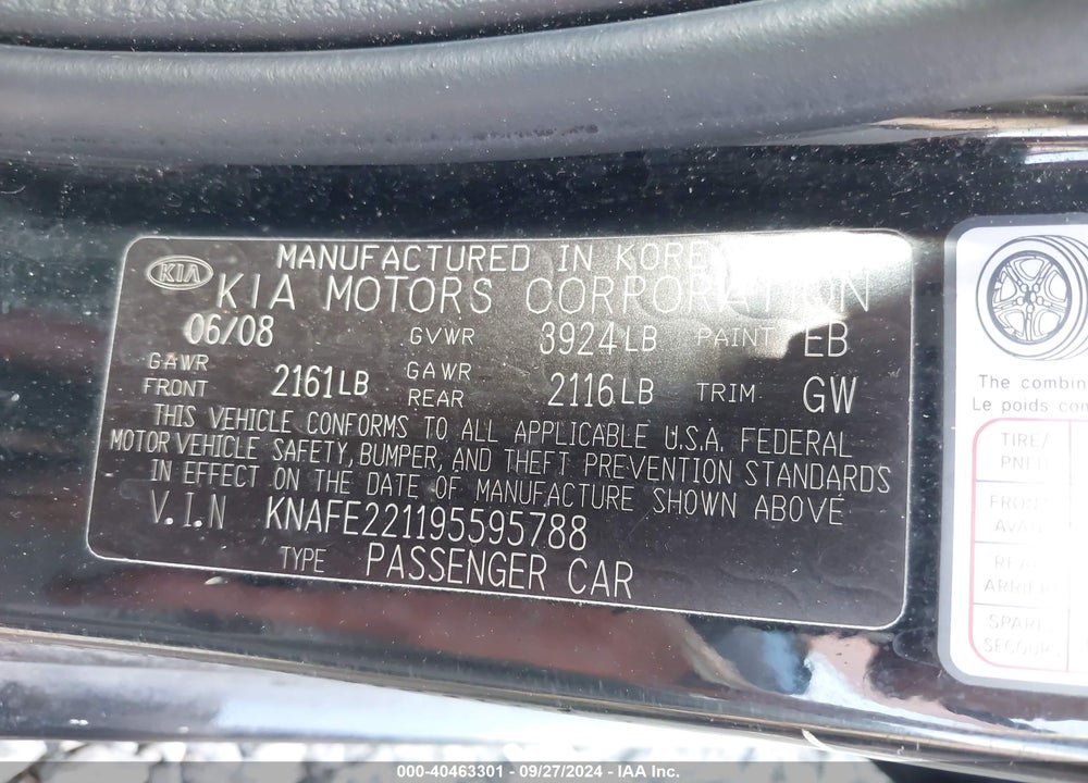 2009 KIA SPECTRA EX VIN: KNAFE221195595788