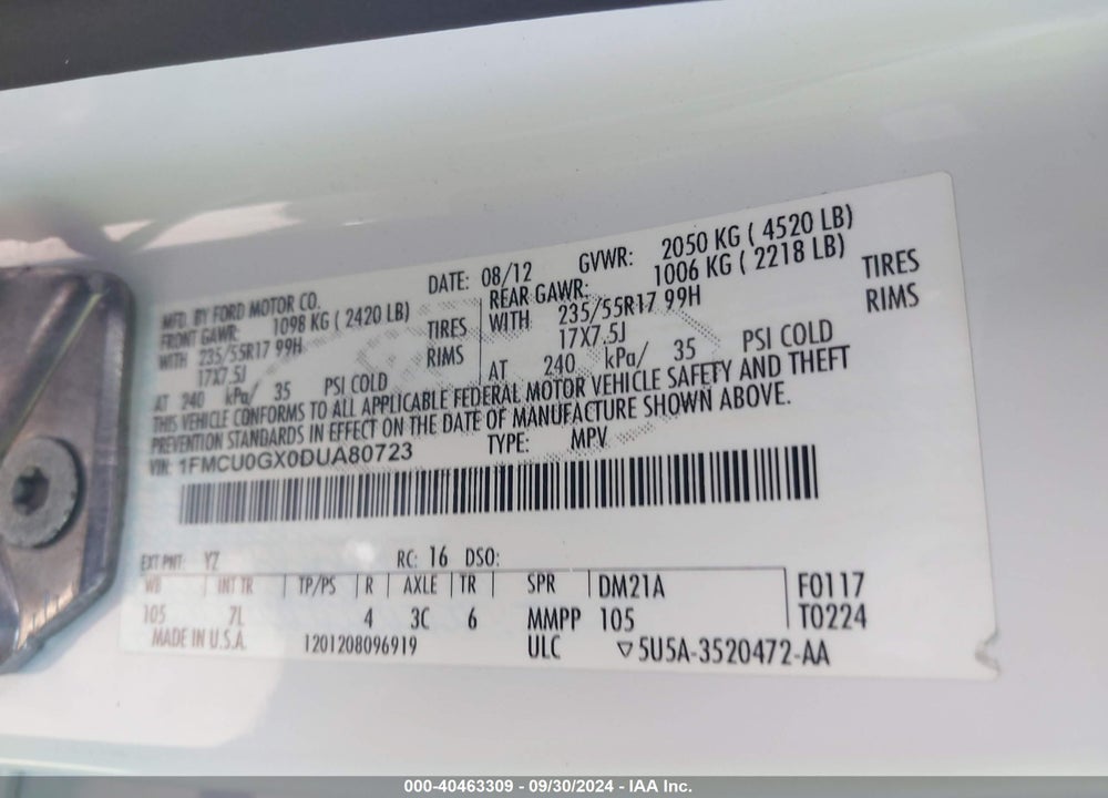 2013 FORD ESCAPE SE VIN: 1FMCU0GX0DUA80723