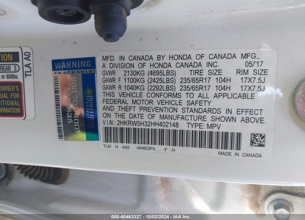 2017 HONDA CR-V LX VIN: 2HKRW5H32HH402148