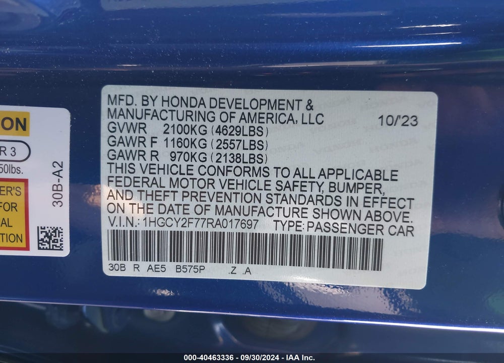2024 HONDA ACCORD HYBRID SPORT-L VIN: 1HGCY2F77RA017697