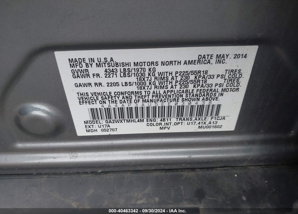 2014 MITSUBISHI OUTLANDER SPORT ES VIN: 4A4AP3AU5EE030438