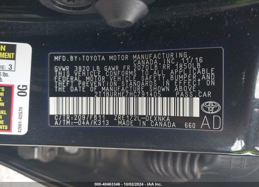 2017 TOYOTA COROLLA LE VIN: 2T1BURHE7HC791405