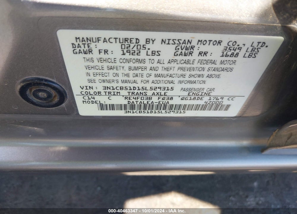 2005 NISSAN SENTRA 1.8S VIN: 3N1CB51D15L529315