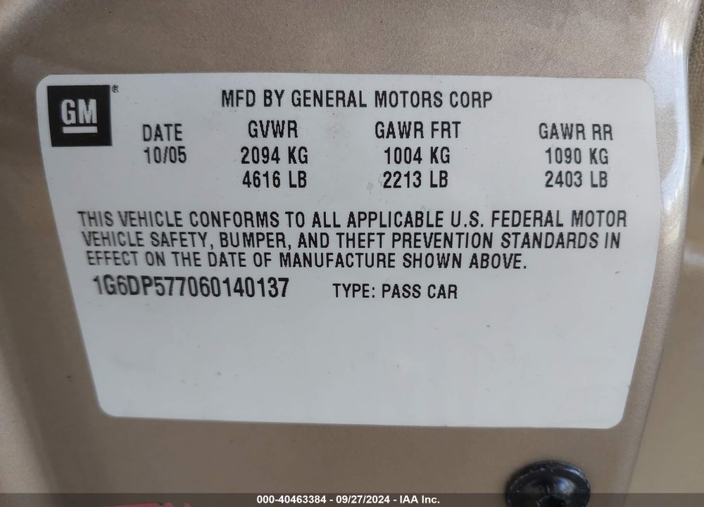 2006 CADILLAC CTS STANDARD VIN: 1G6DP577060140137
