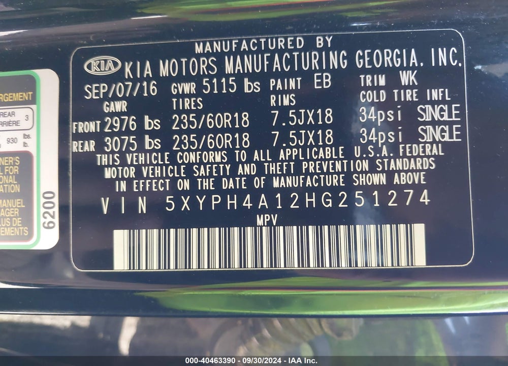 2017 KIA SORENTO 2.0T EX VIN: 5XYPH4A12HG251274