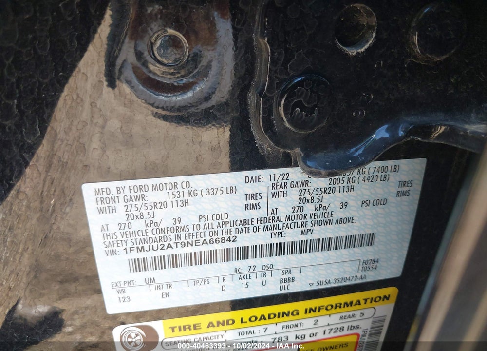 2022 FORD EXPEDITION LIMITED VIN: 1FMJU2AT9NEA66842