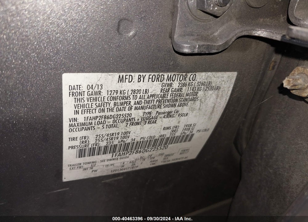 2013 FORD TAURUS LIMITED VIN: 1FAHP2F86DG225520