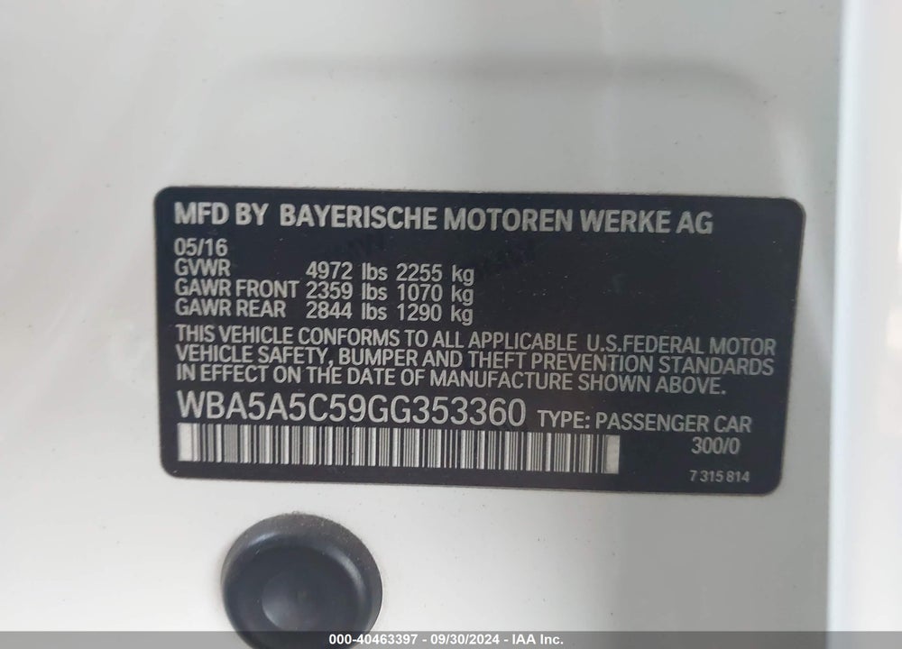 2016 BMW 528I VIN: WBA5A5C59GG353360