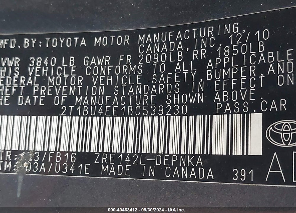 2011 TOYOTA COROLLA LE VIN: 2T1BU4EE1BC539230
