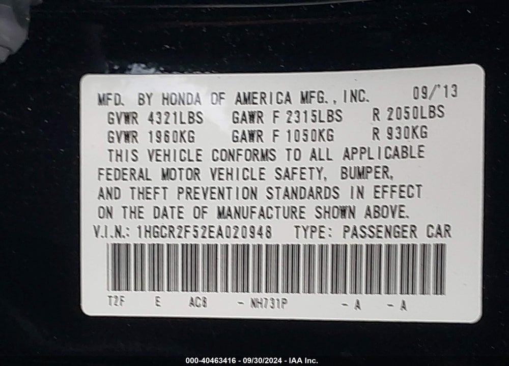 2014 HONDA ACCORD SPORT VIN: 1HGCR2F52EA020948