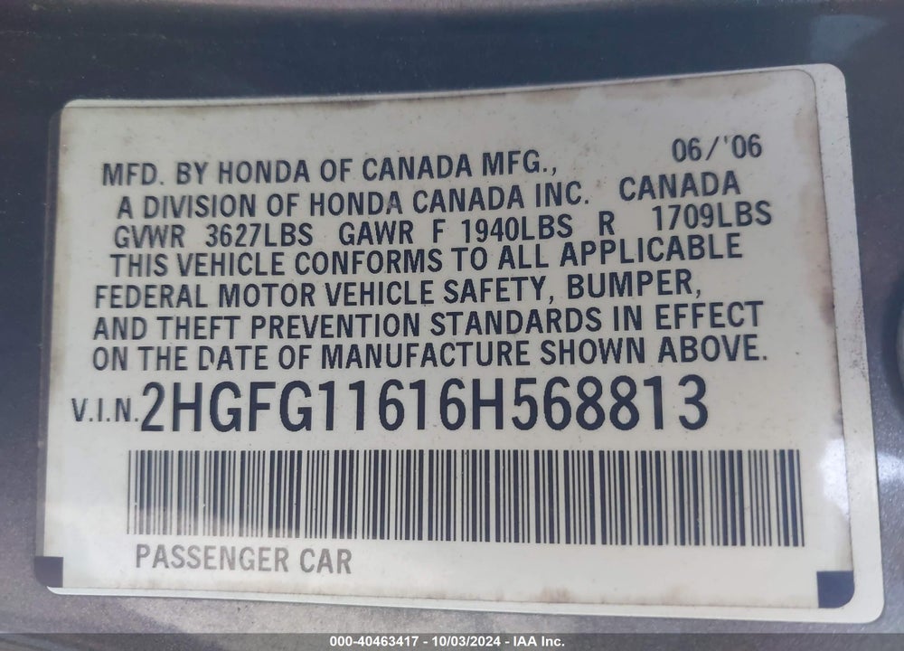 2006 HONDA CIVIC LX VIN: 2HGFG11616H568813