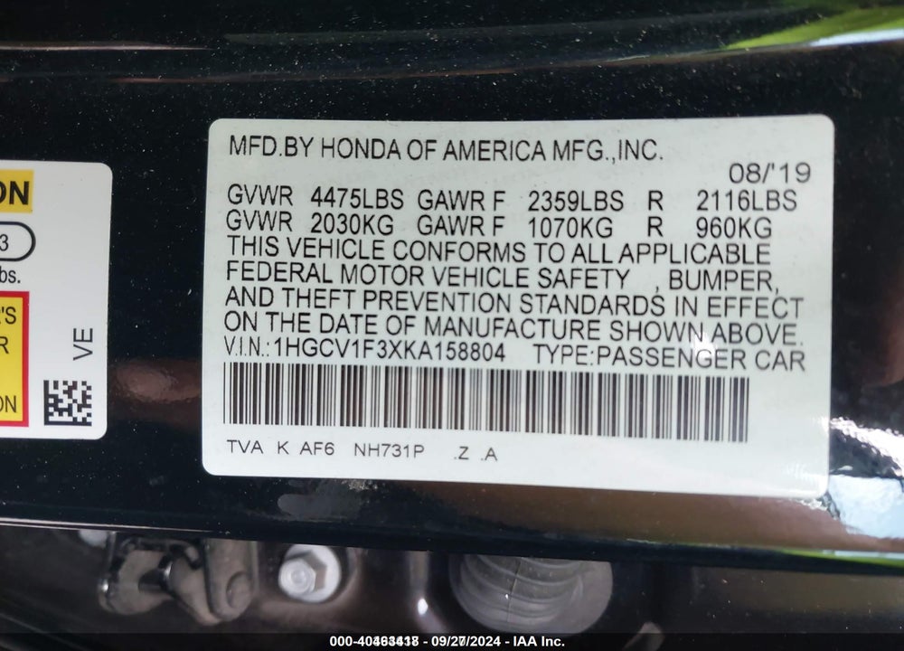 2019 HONDA ACCORD SPORT VIN: 1HGCV1F3XKA158804