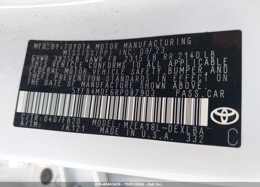 2024 TOYOTA COROLLA LE VIN: 5YFB4MDE6RP087903