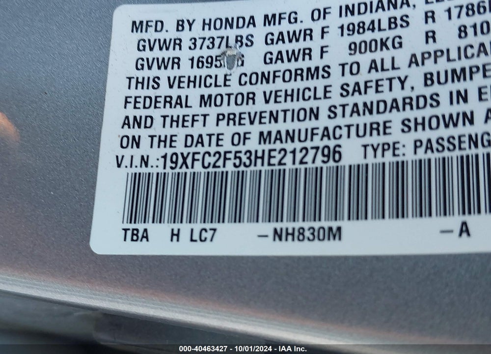 2017 HONDA CIVIC LX VIN: 19XFC2F53HE212796