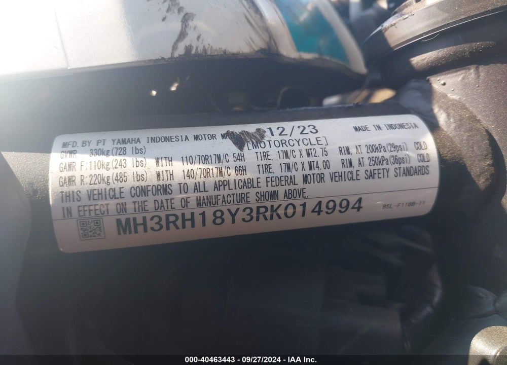 2024 YAMAHA YZFR3 A VIN: MH3RH18Y3RK014994