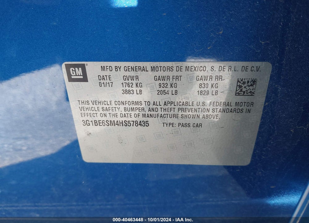 2017 CHEVROLET CRUZE LT AUTO VIN: 3G1BE6SM4HS578435