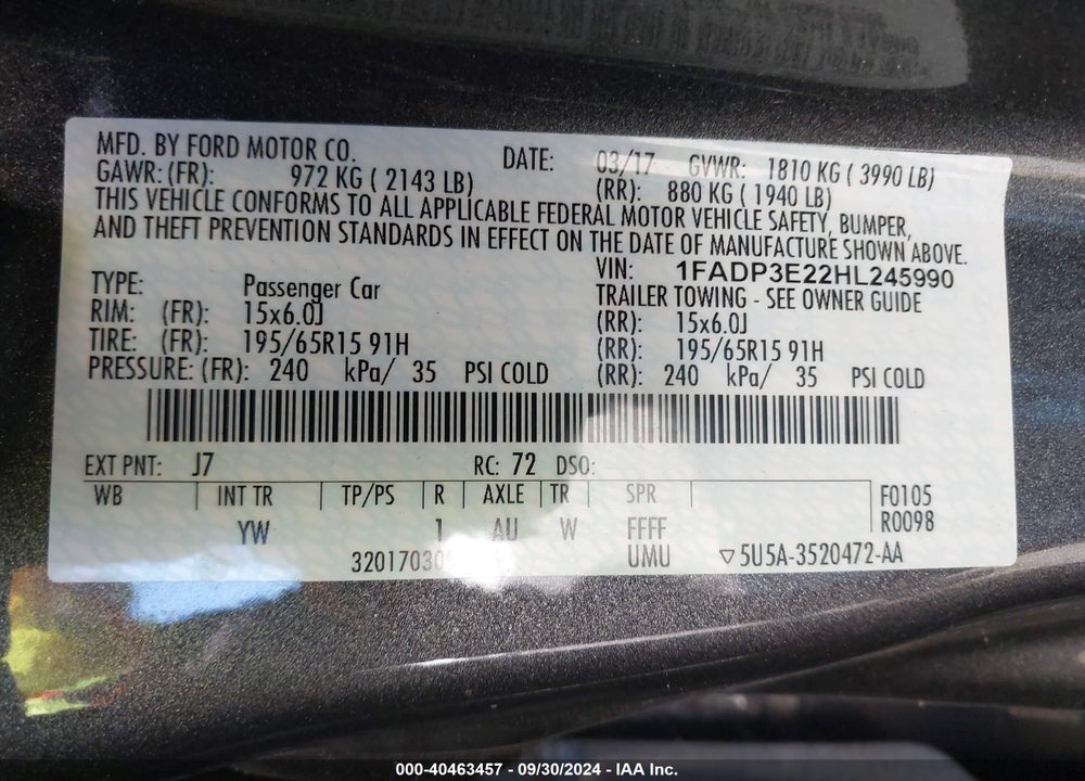 2017 FORD FOCUS S VIN: 1FADP3E22HL245990