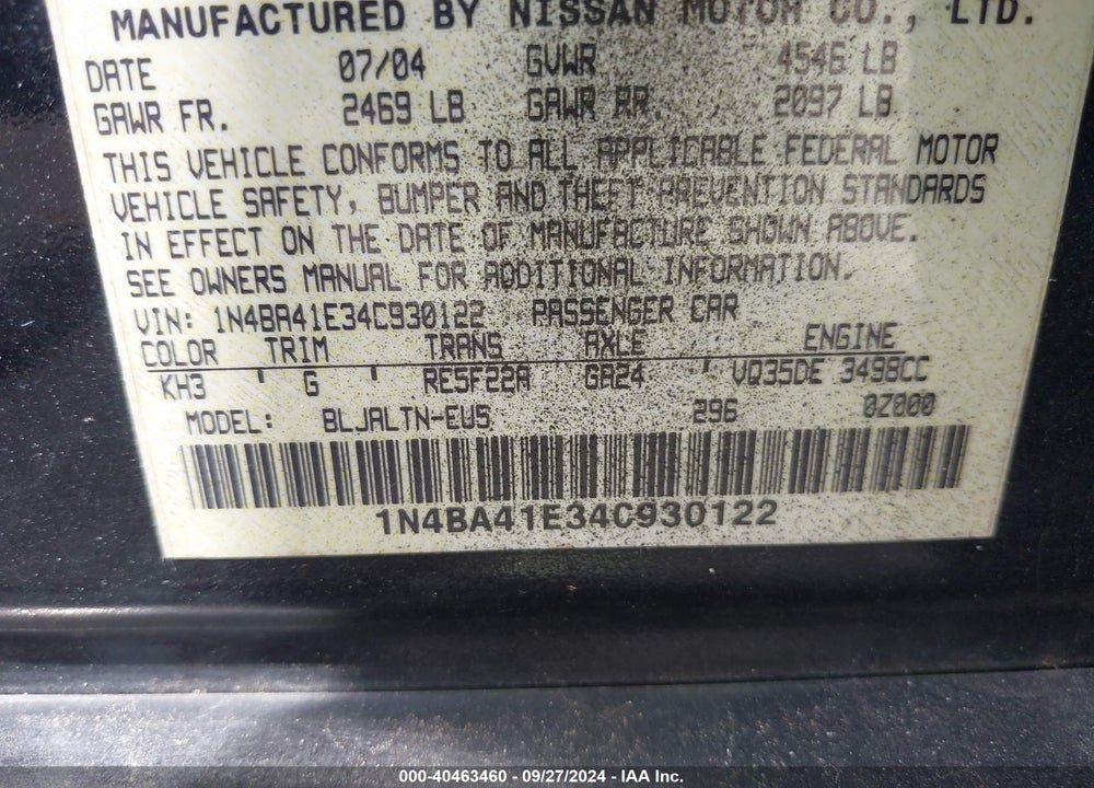 2004 NISSAN MAXIMA 3.5 SE VIN: 1N4BA41E34C930122