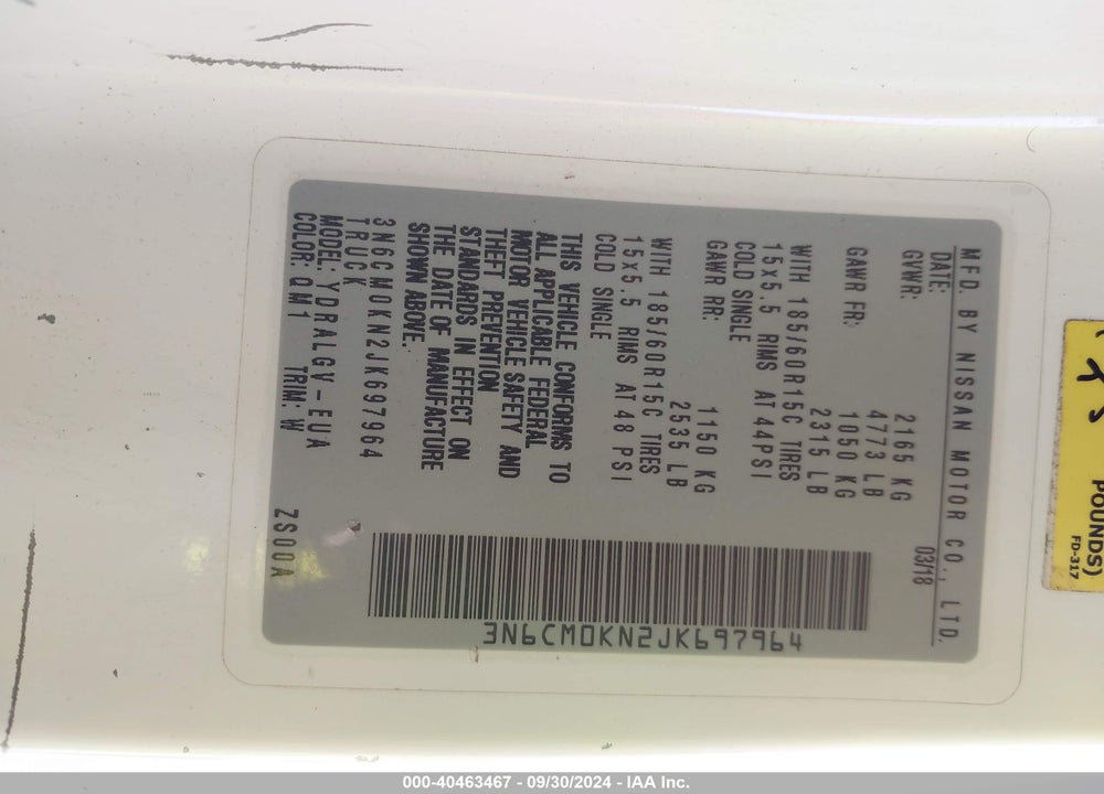 2018 NISSAN NV200 SV VIN: 3N6CM0KN2JK697964