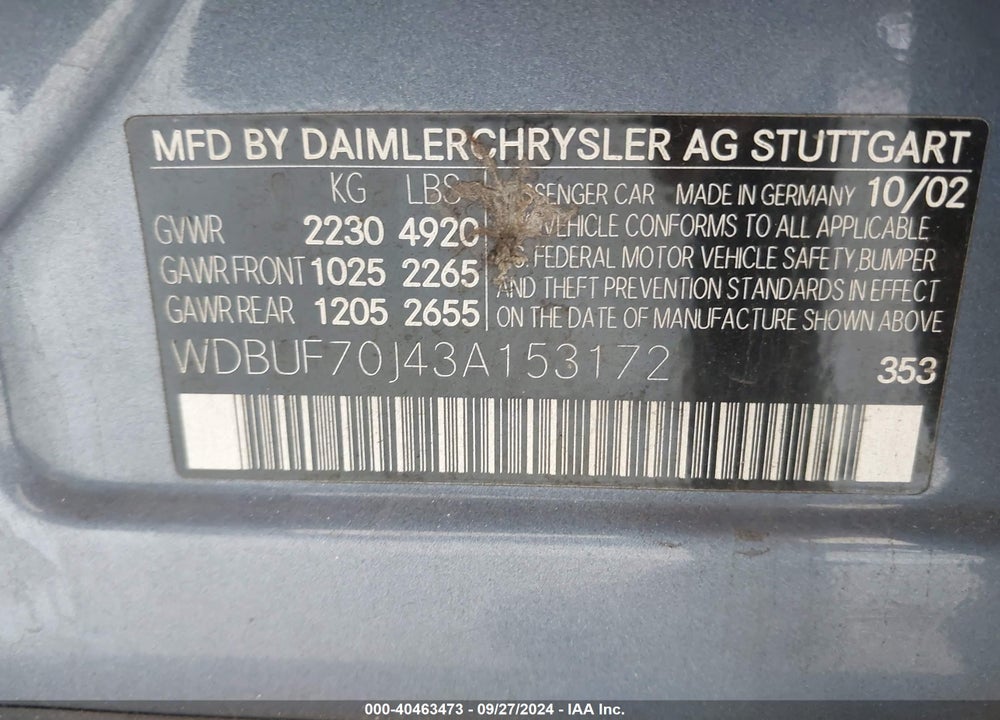 2003 MERCEDES-BENZ E 500 VIN: WDBUF70J43A153172