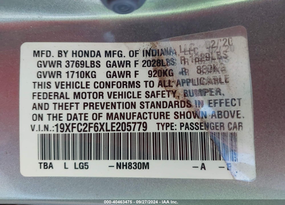 2020 HONDA CIVIC LX VIN: 19XFC2F6XLE205779