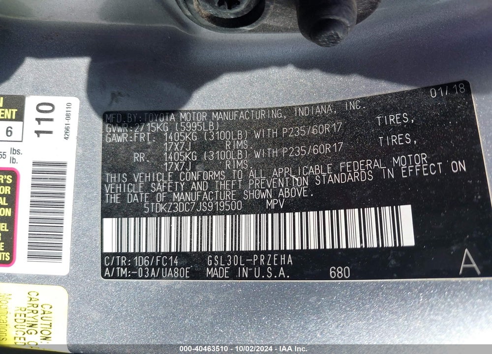 2018 TOYOTA SIENNA LE 8 PASSENGER VIN: 5TDKZ3DC7JS919500