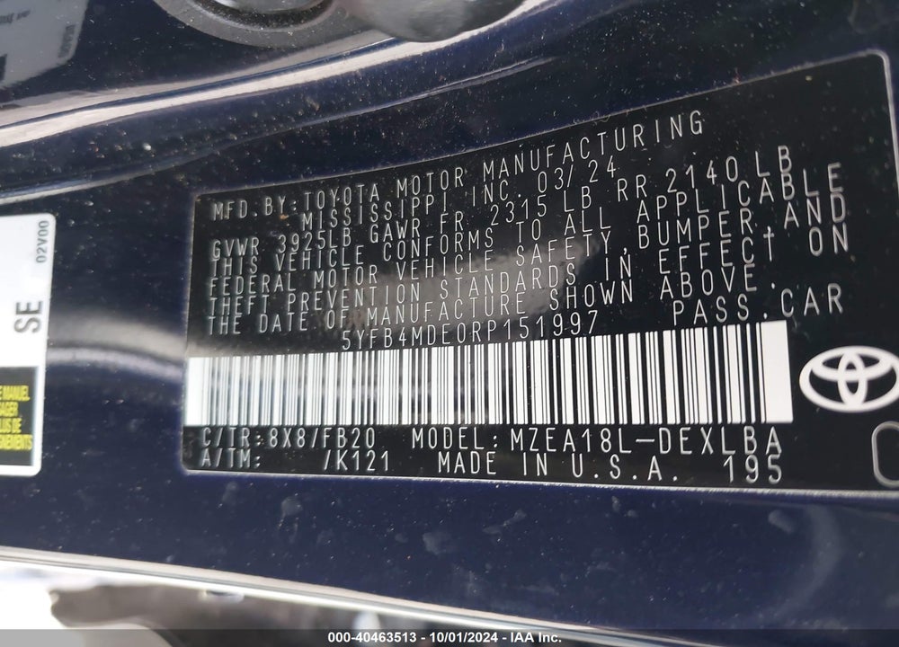 2024 TOYOTA COROLLA LE VIN: 5YFB4MDE0RP151997