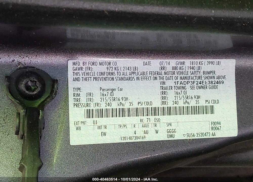 2014 FORD FOCUS VIN: 1FADP3F24EL382469