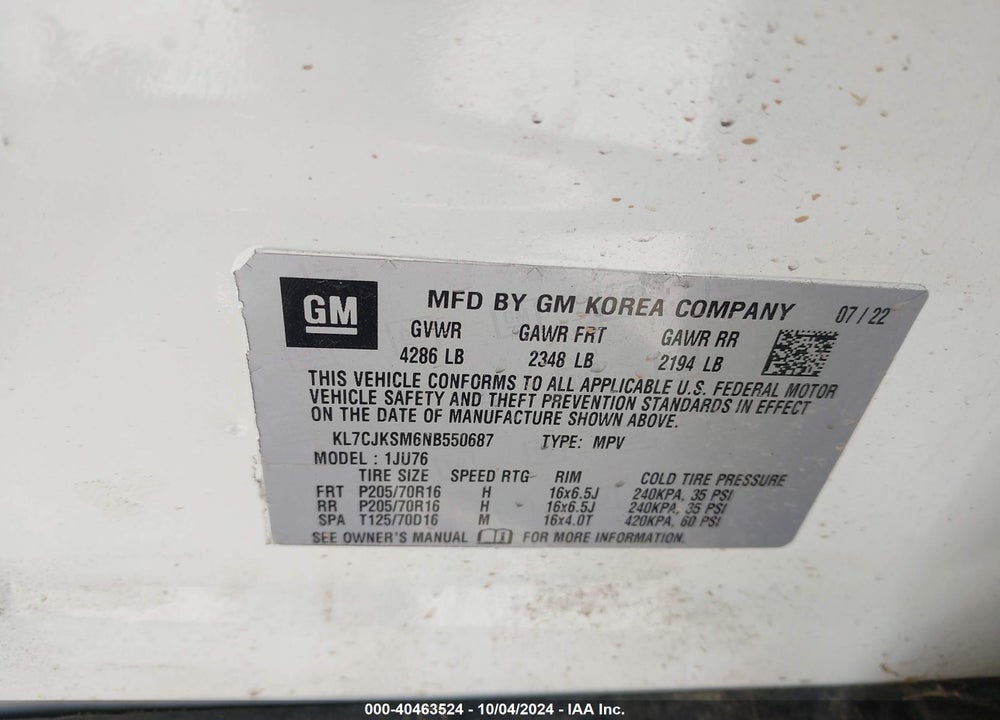 2022 CHEVROLET TRAX FWD LS VIN: KL7CJKSM6NB550687