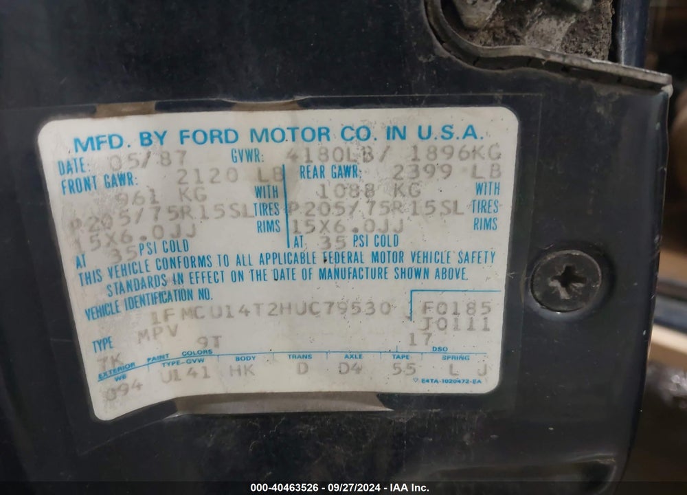 1987 FORD BRONCO II VIN: 1FMCU14T2HUC79530