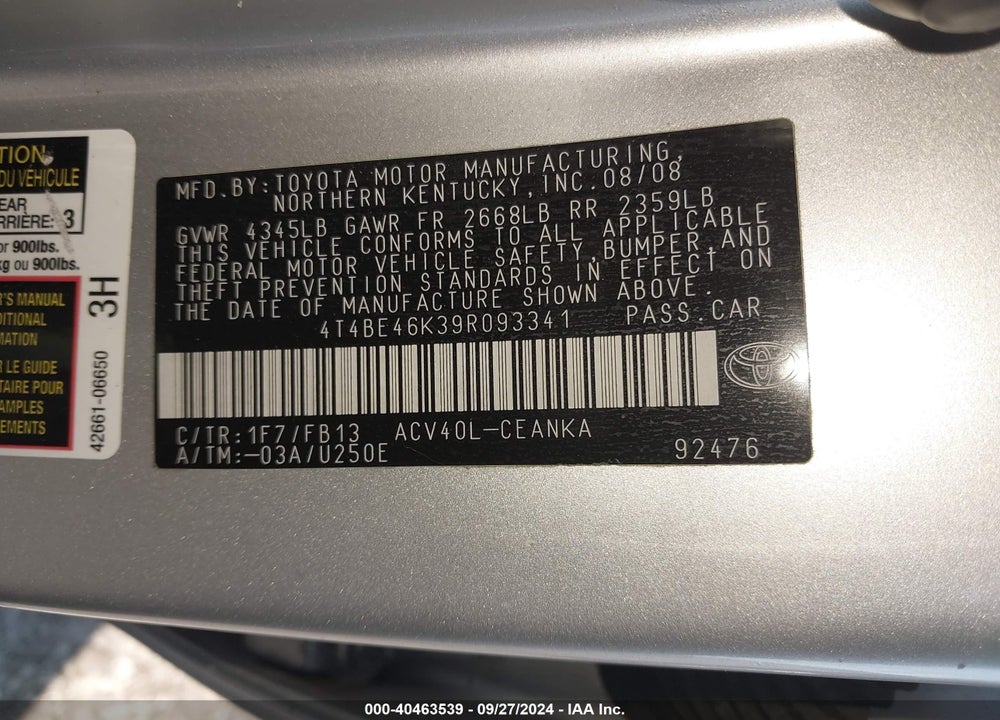 2009 TOYOTA CAMRY VIN: 4T4BE46K39R093341